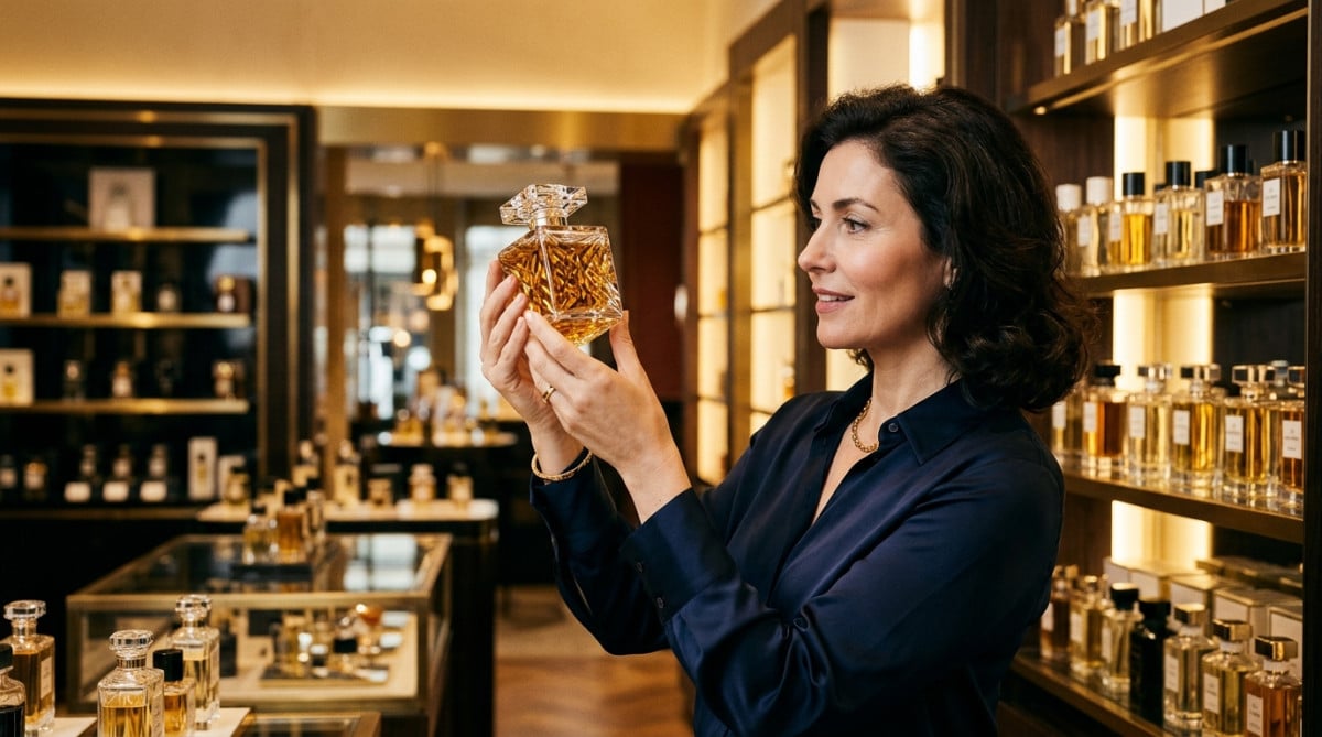 Femme admirant un flacon de parfum de luxe en boutique