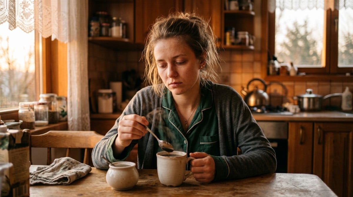Femme ajoute du sucre dans son café le matin