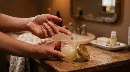 Femme appliquant de la vaseline avec les mains