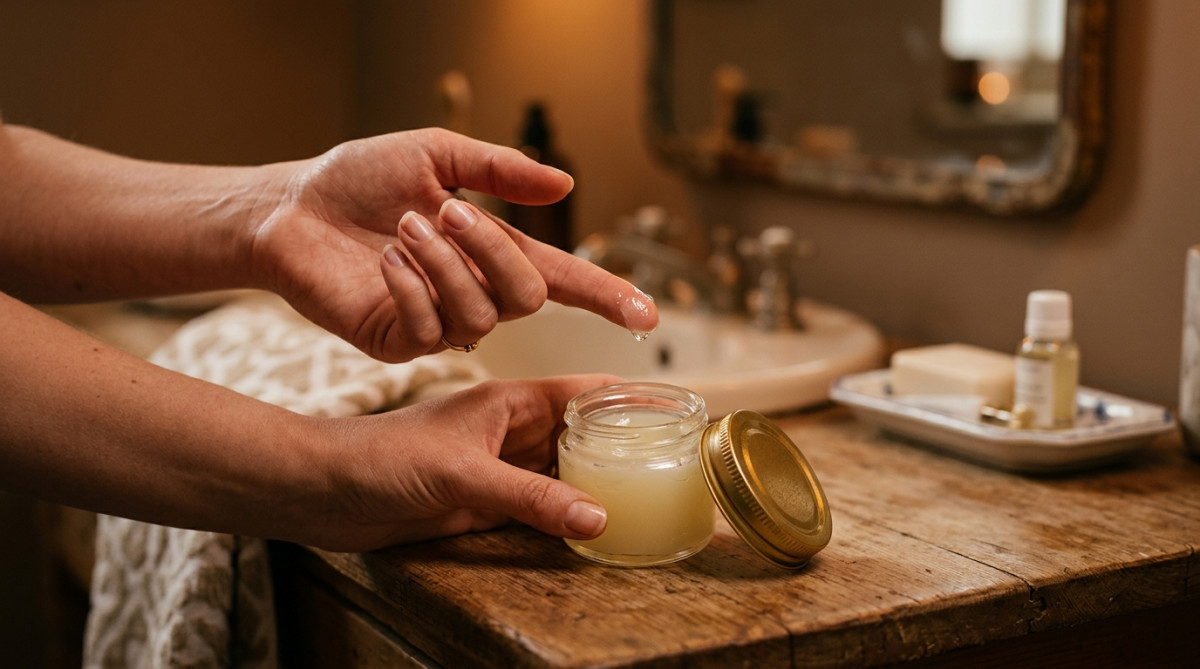 Femme appliquant de la vaseline avec les mains