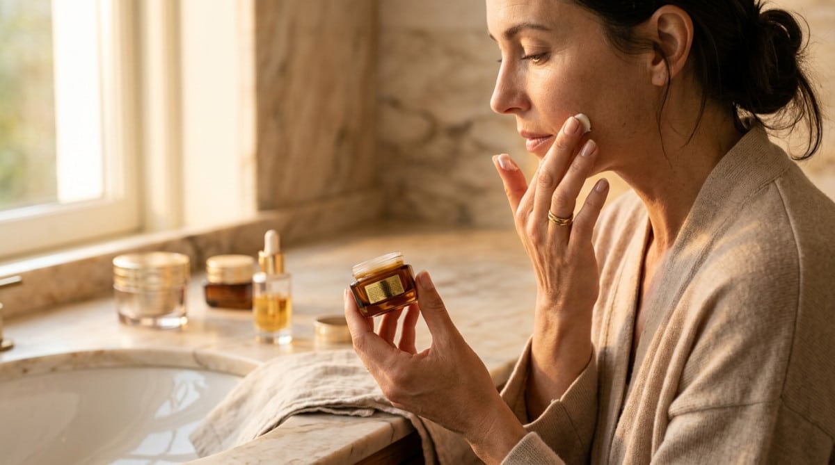 Femme appliquant une crème de luxe dans une salle de bain