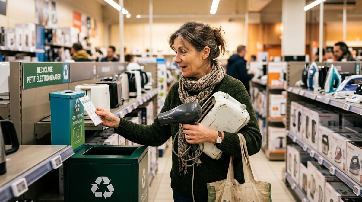 Femme avec un sèche-cheveux cassé devant un bac de collecte en magasin