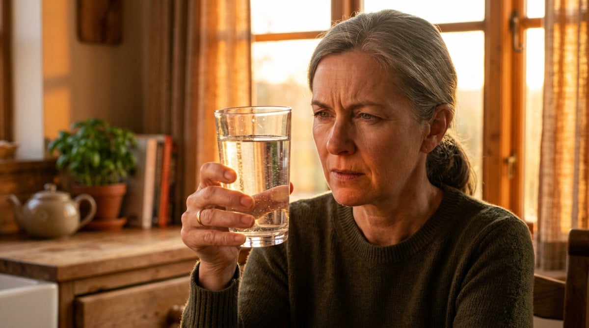 Femme buvant un verre d'eau à la lumière dorée