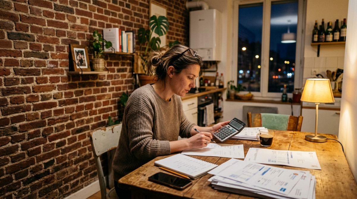 Femme calculant ses charges fixes mensuelles à la maison