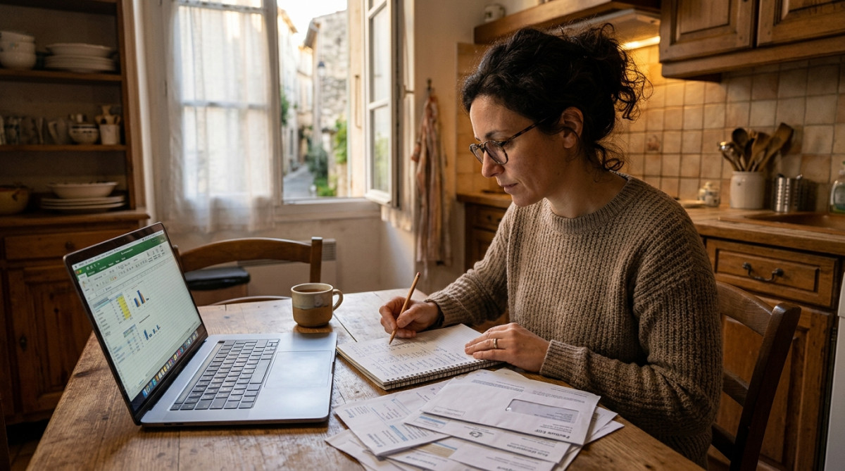 Femme calculant son budget mensuel à la maison