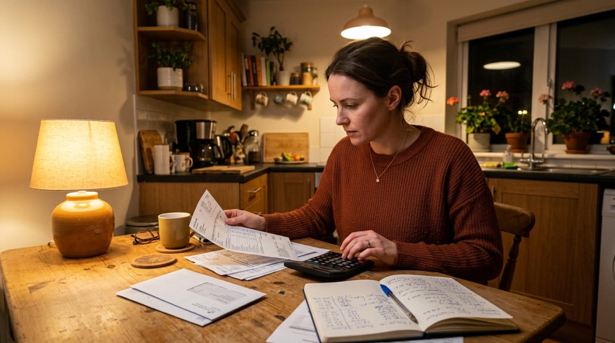 Femme calculant son budget mensuel à la table de cuisine