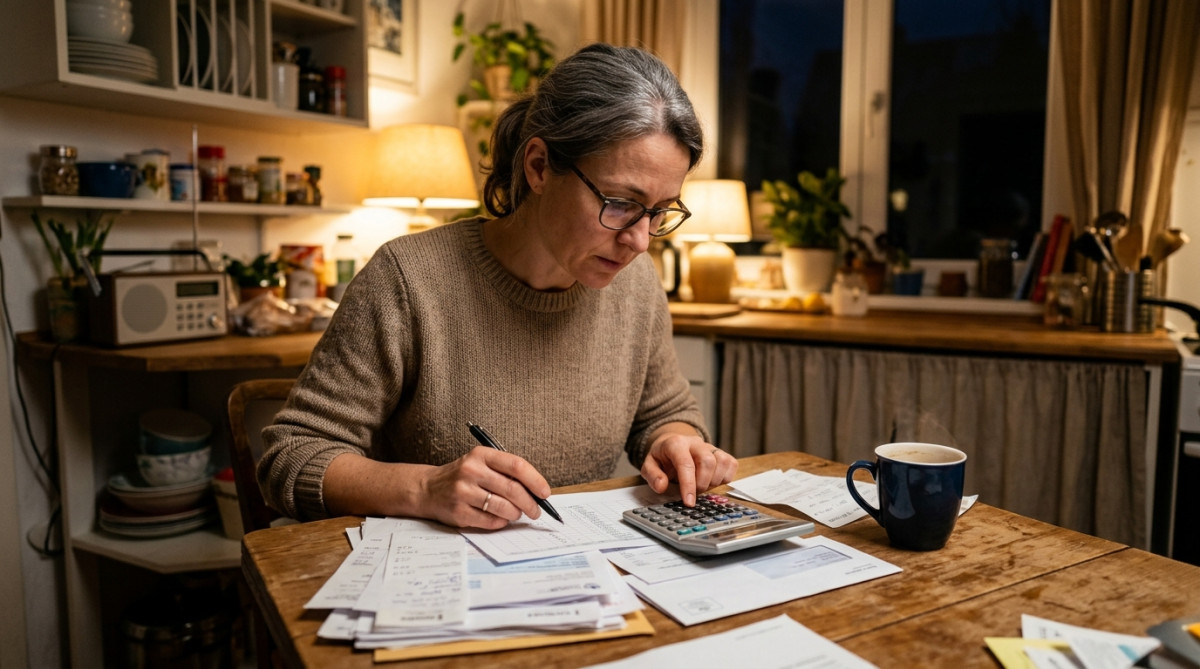 Femme calculant son budget mensuel à table