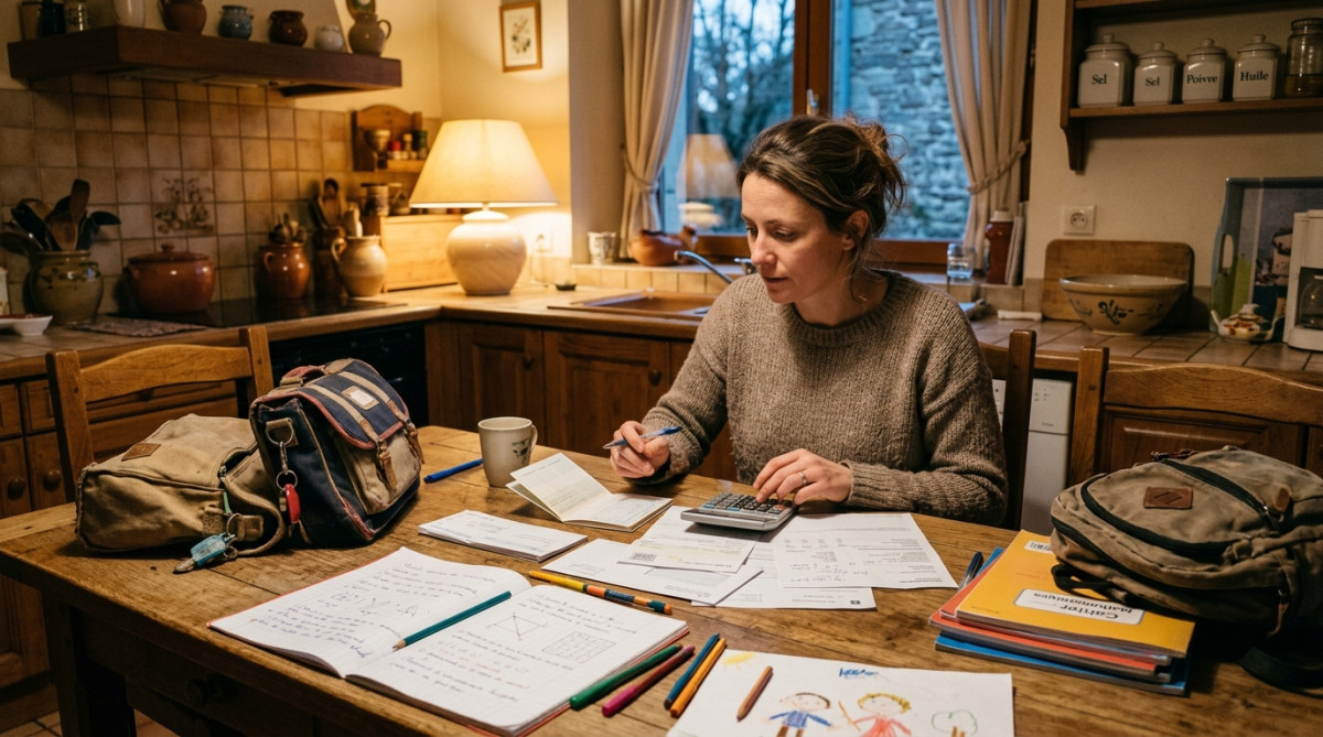 Femme calculant son budget mensuel à table le soir