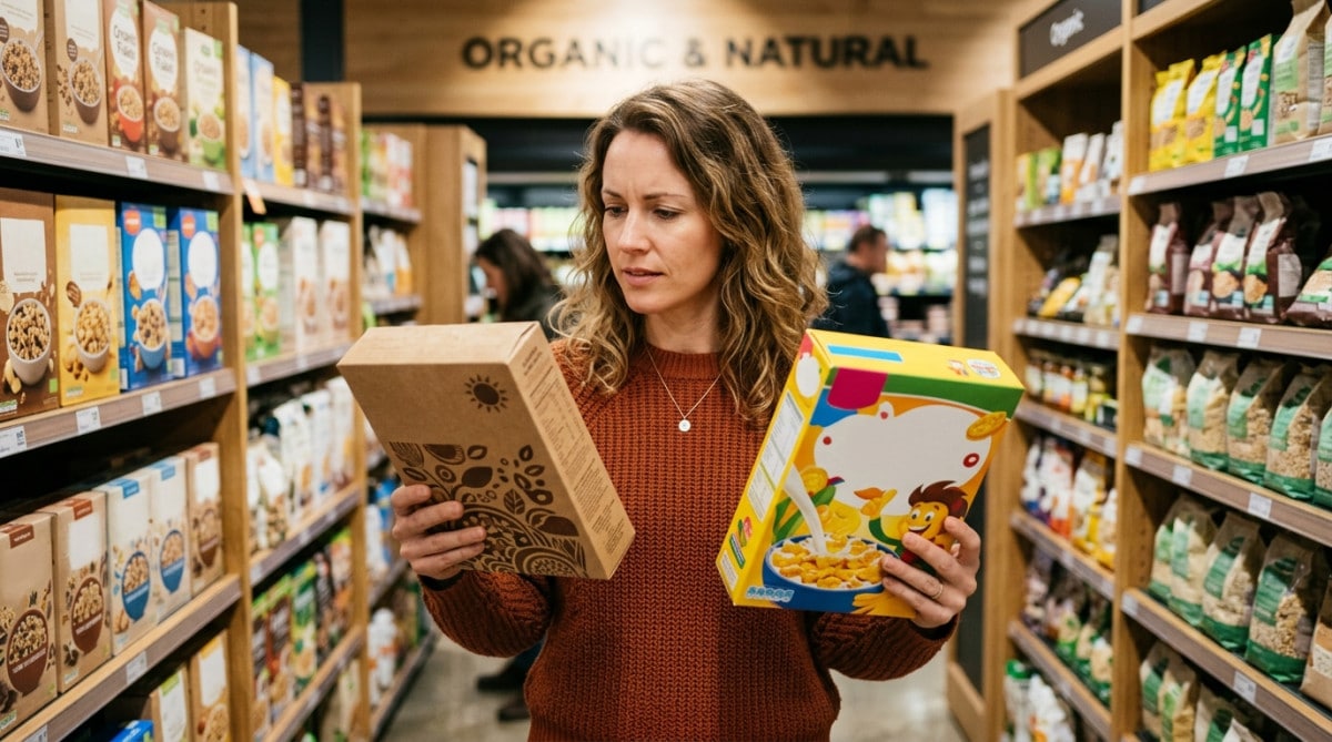 Femme comparant deux boîtes de céréales en rayon