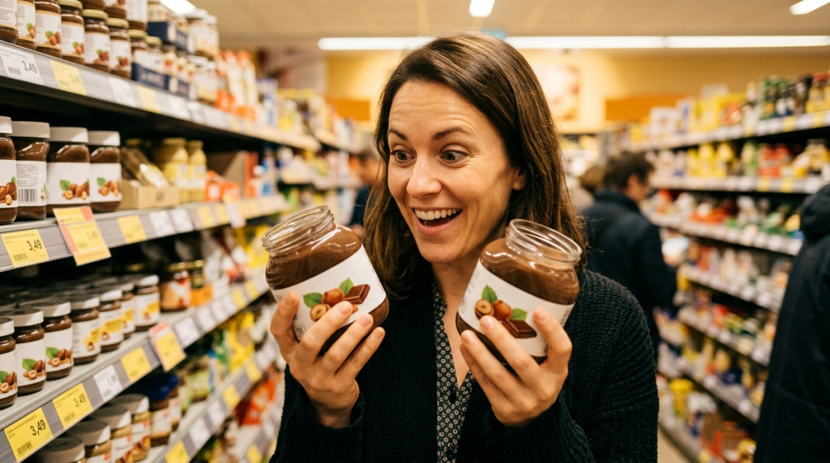 Femme comparant deux pots de pâte à tartiner en rayon