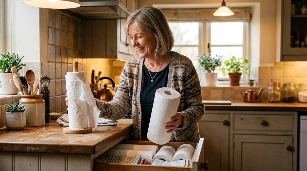 Femme comparant deux rouleaux d'essuie-tout dans la cuisine