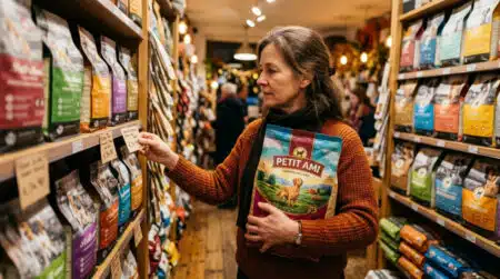 Femme comparant deux sacs de croquettes en magasin