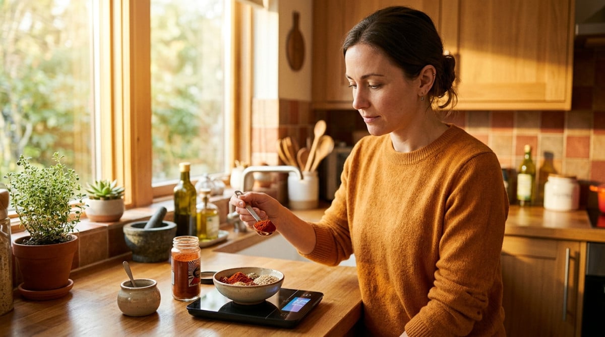 Femme comparant piment et portions alimentaires en cuisine