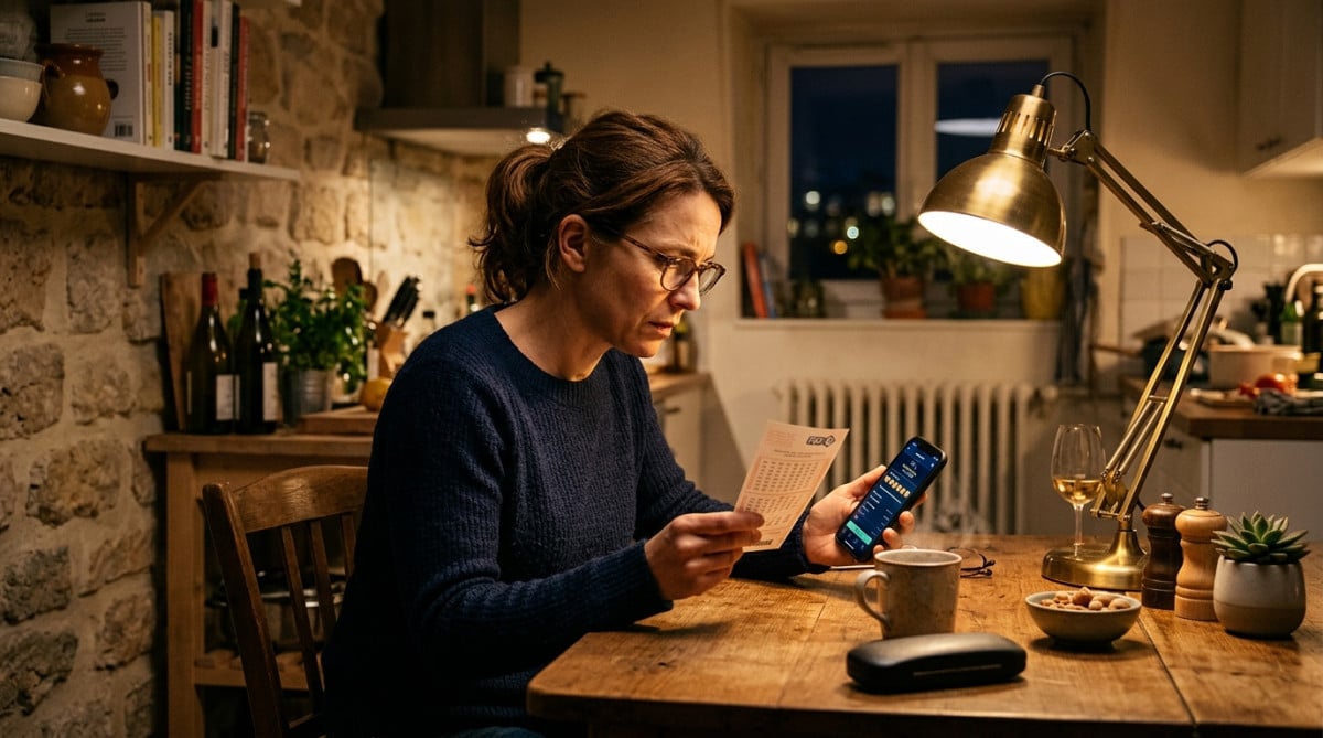 Femme comparant son ticket de jeu à une application