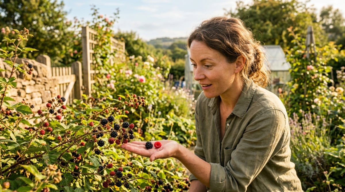 Femme comparant une framboise et une mûre au jardin