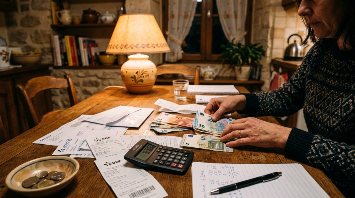 Femme comptant ses factures et son budget à table