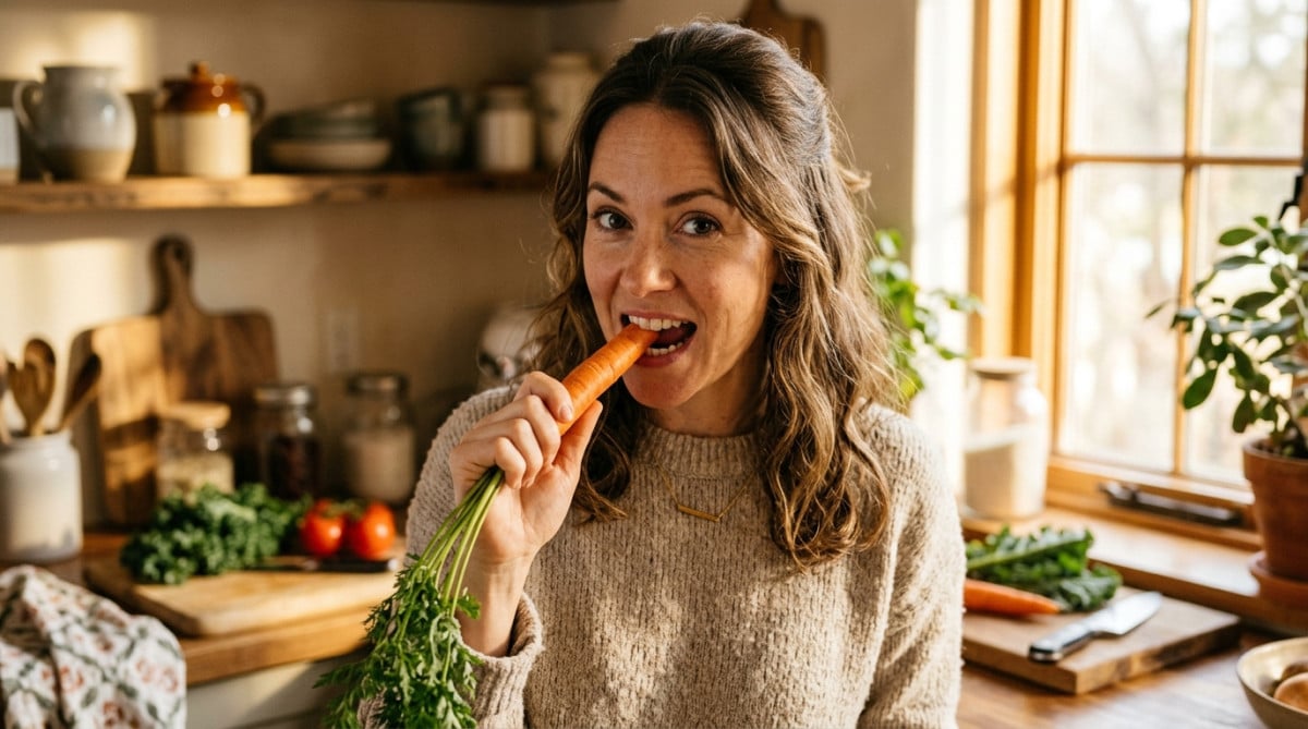 Femme croquant une carotte fraîche dans une cuisine