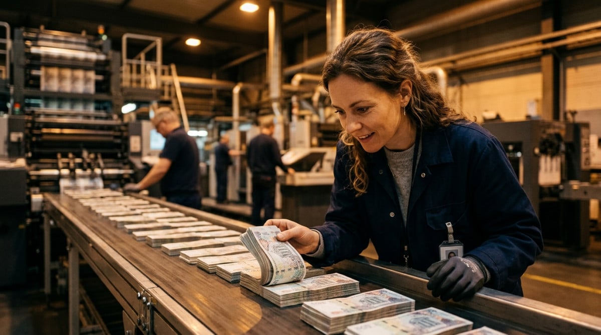 Femme curieuse examinant des billets neufs à l'imprimerie