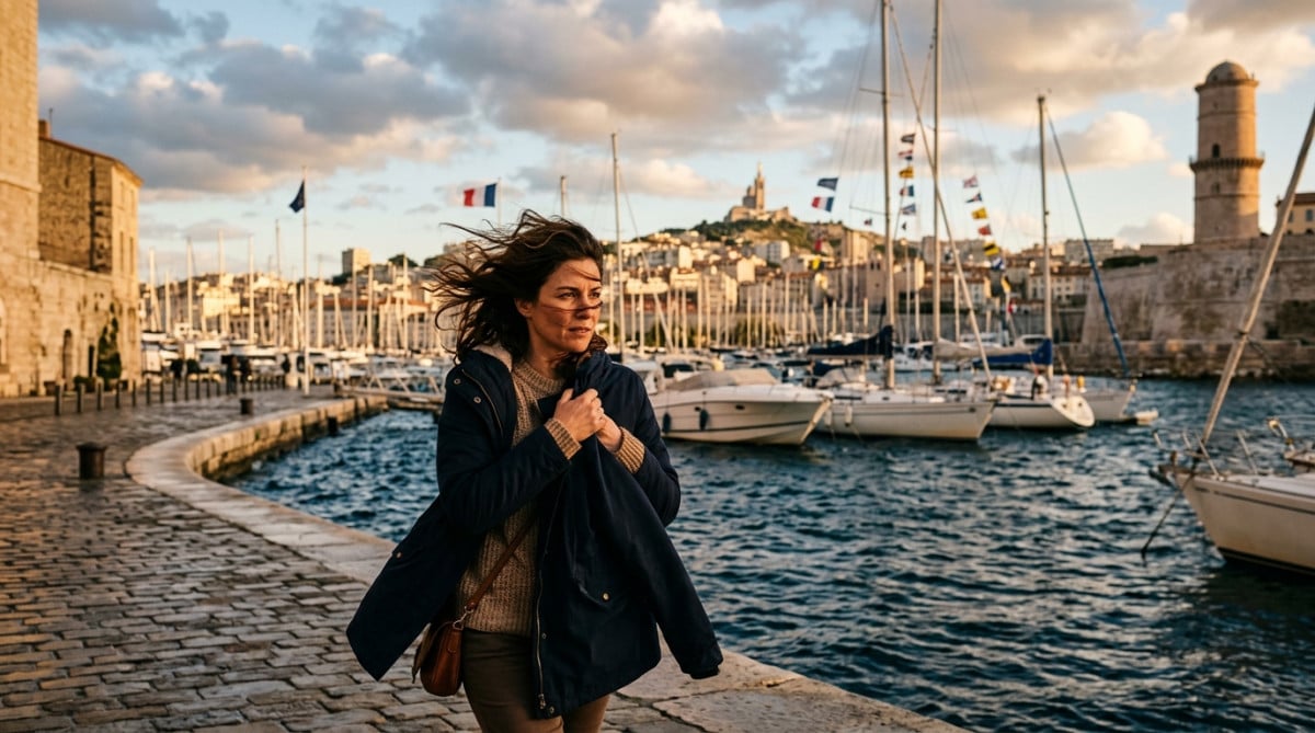 Femme dans le vent sur le Vieux-Port de Marseille