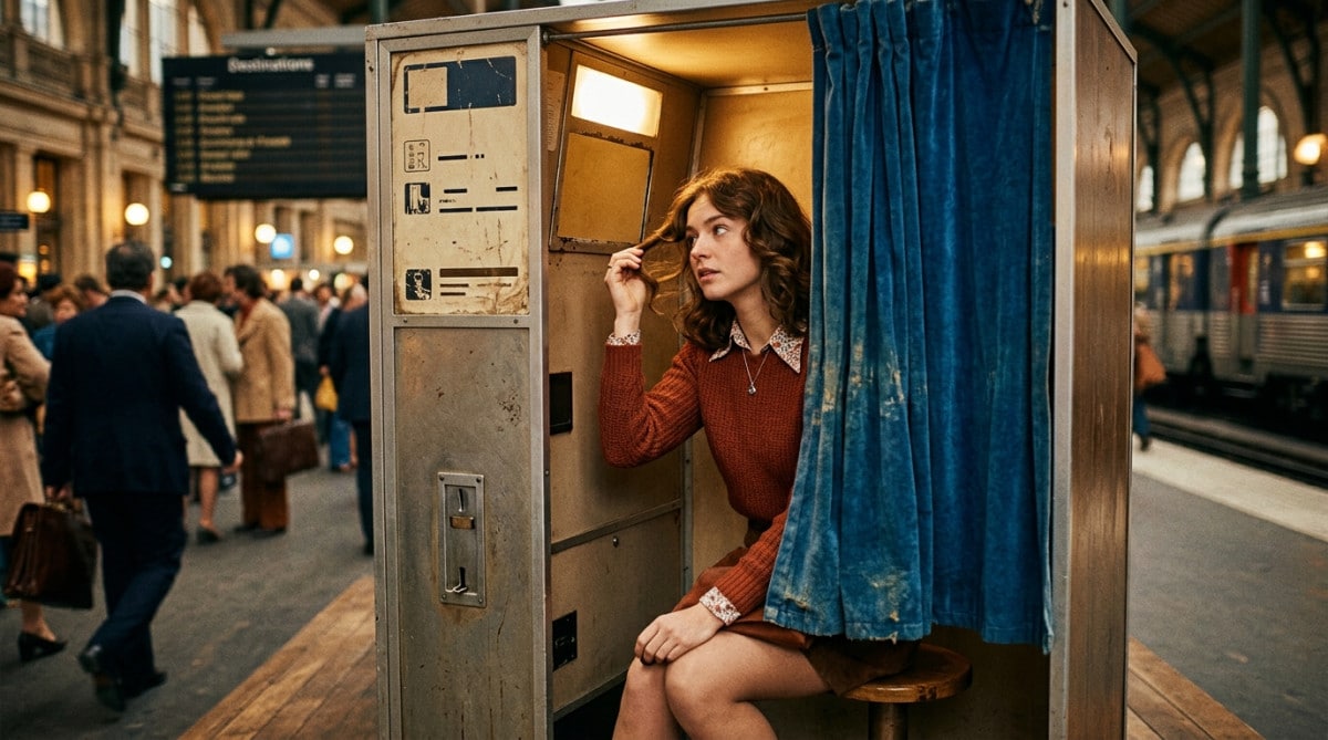 Femme dans un photomaton vintage à rideau bleu en 1975