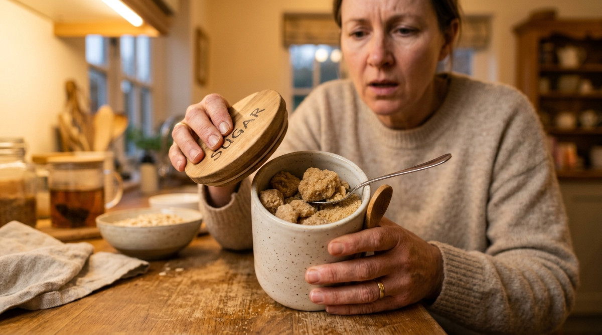Femme découvrant des blocs de sucre durci dans une boîte