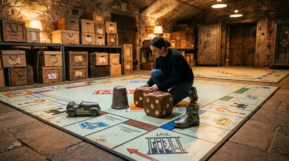 Femme découvrant un Monopoly géant dans un bunker