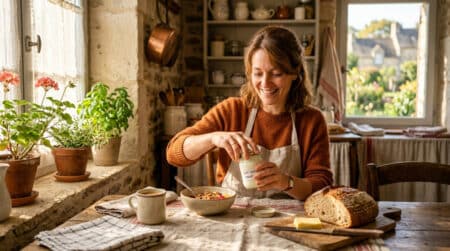 Femme dégustant un yaourt au lait entier le matin