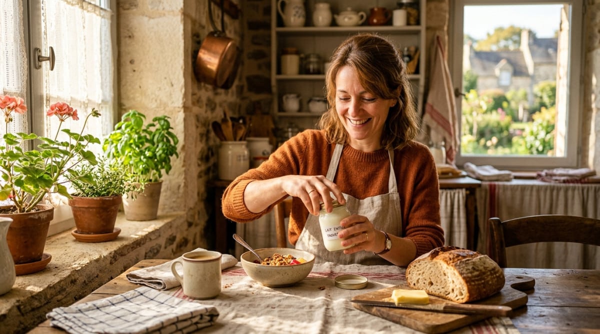 Femme dégustant un yaourt au lait entier le matin
