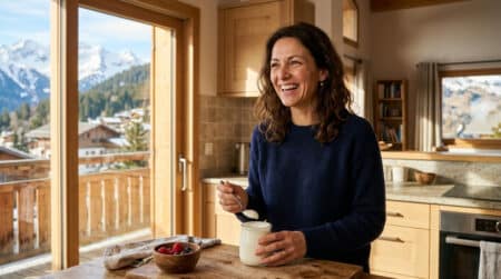 Femme dégustant un yaourt nature dans une cuisine alpine