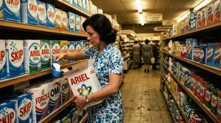 Femme dosant une lessive en poudre dans les années 70