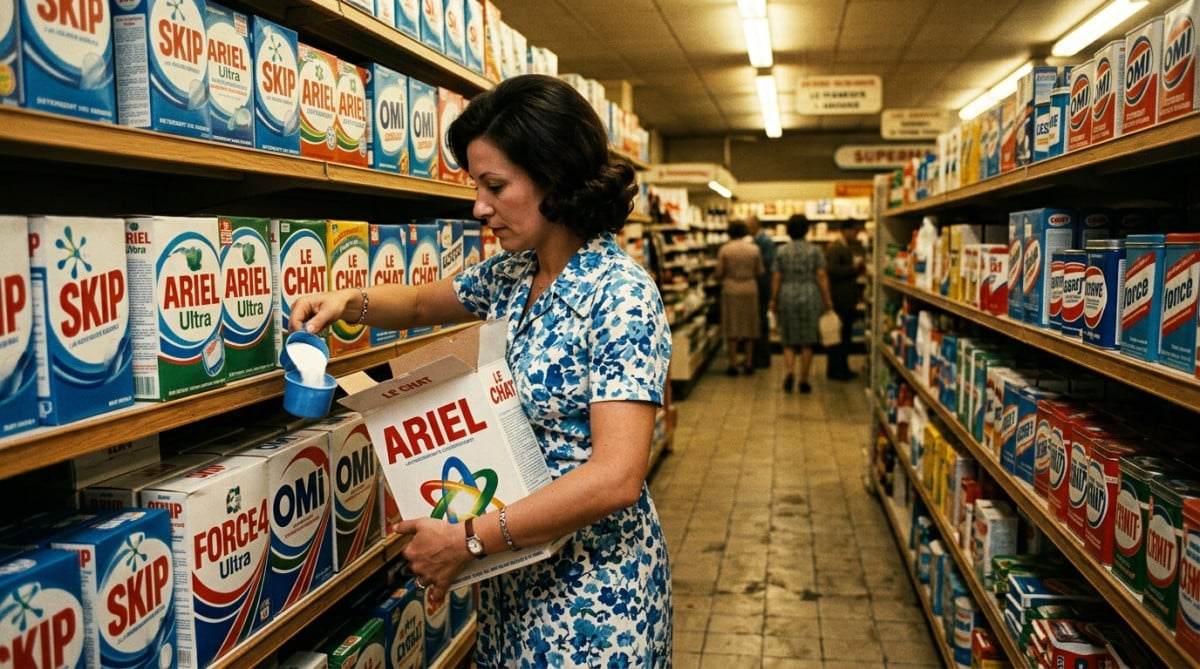 Femme dosant une lessive en poudre dans les années 70