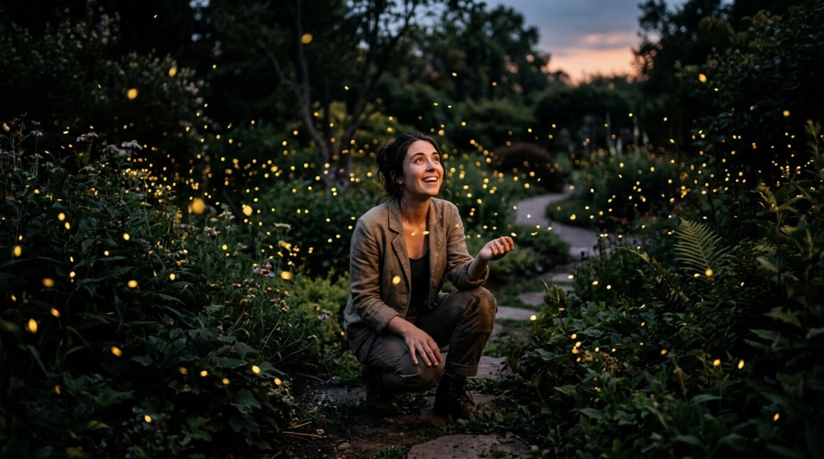 Femme émerveillée entourée de lucioles lumineuses la nuit