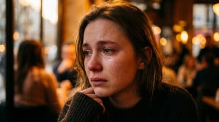 Femme émue avec des larmes coulant sur la joue