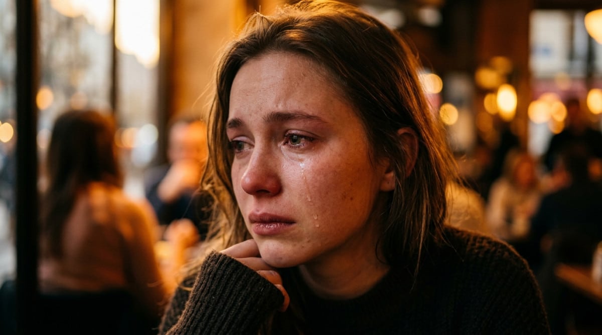 Femme émue avec des larmes coulant sur la joue