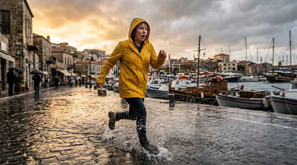Femme en ciré jaune sous la pluie forte à Marseille