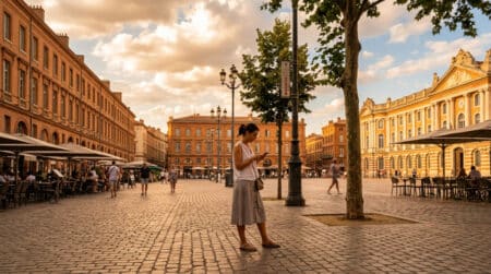 Femme en terrasse sous chaleur et soleil en ville