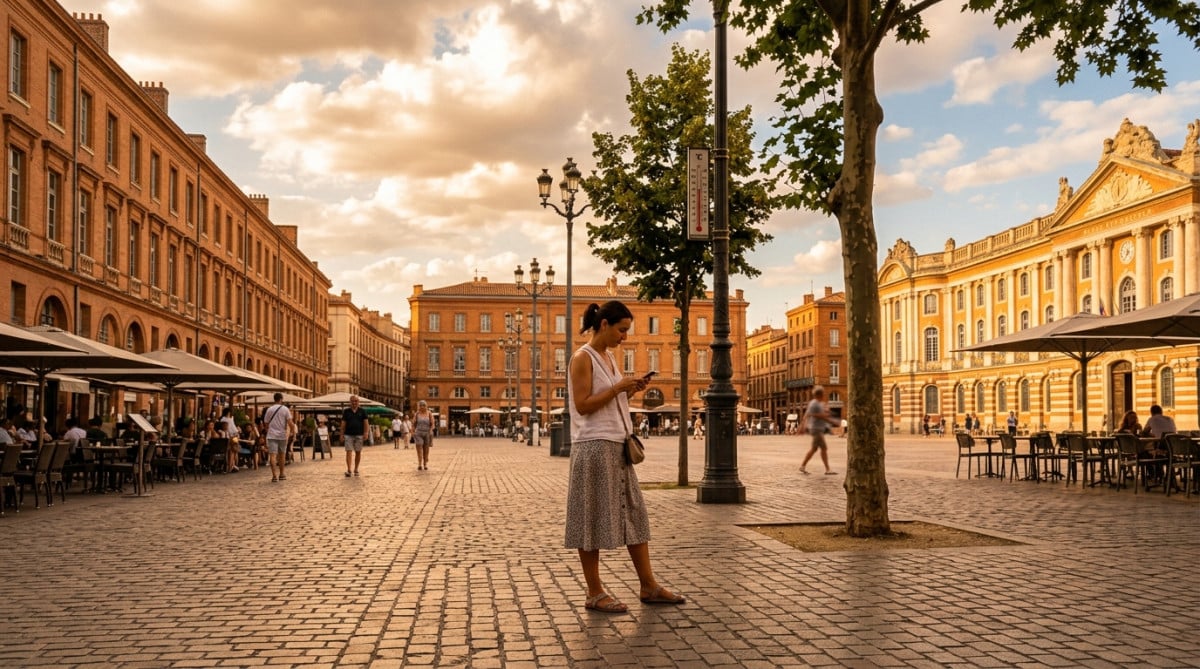 Femme en terrasse sous chaleur et soleil en ville