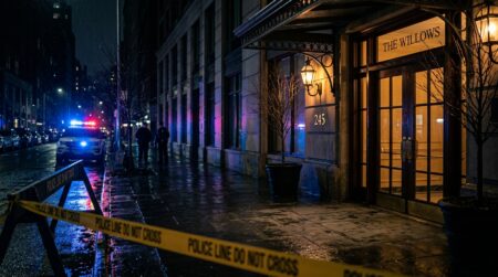 Entrée d'immeuble la nuit avec lumières bleues de police