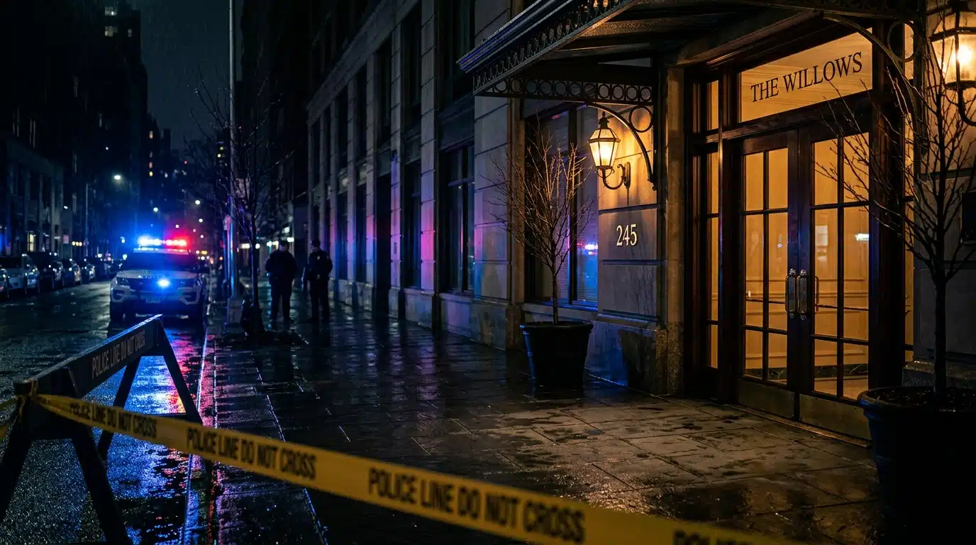 Entrée d'immeuble la nuit avec lumières bleues de police