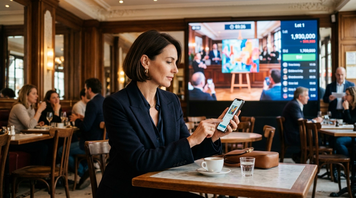Femme enchérissant en ligne sur son smartphone en 2026