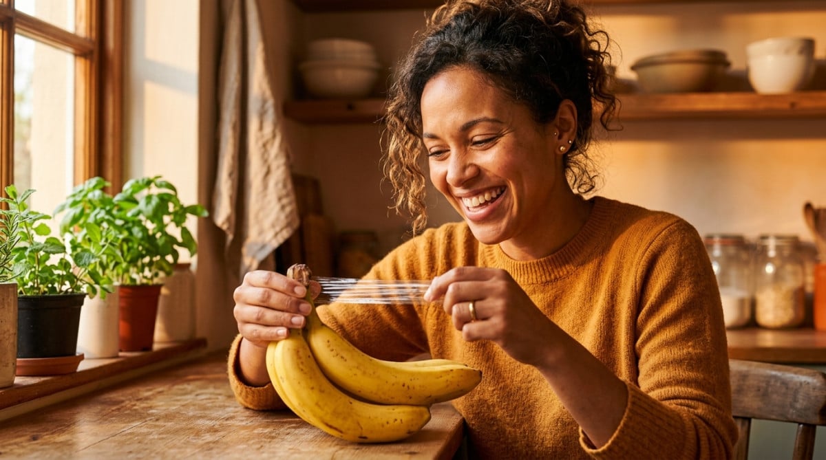 Femme enveloppant la tige de bananes de film étirable