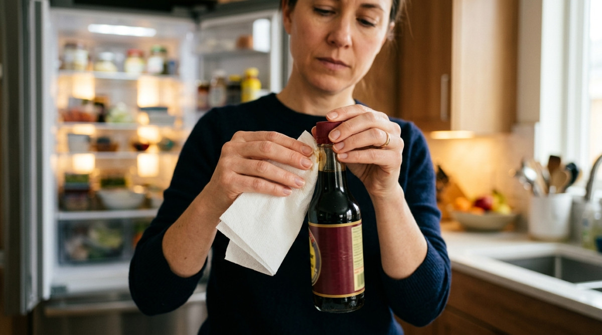 Femme essuyant le goulot d'une bouteille de sauce soja