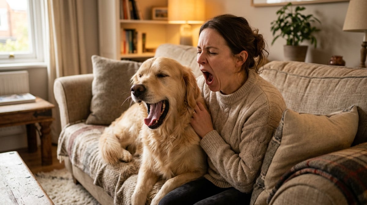 Femme et son chien qui bâillent ensemble sur un canapé