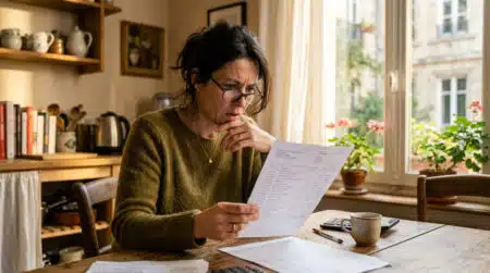 Femme examine son relevé bancaire avec surprise
