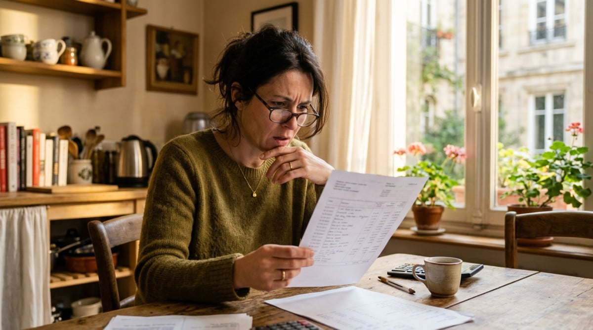 Femme examine son relevé bancaire avec surprise