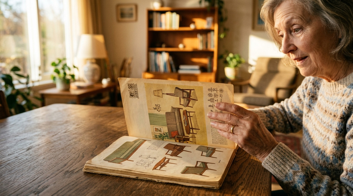Femme feuilletant un vieux catalogue IKEA jauni