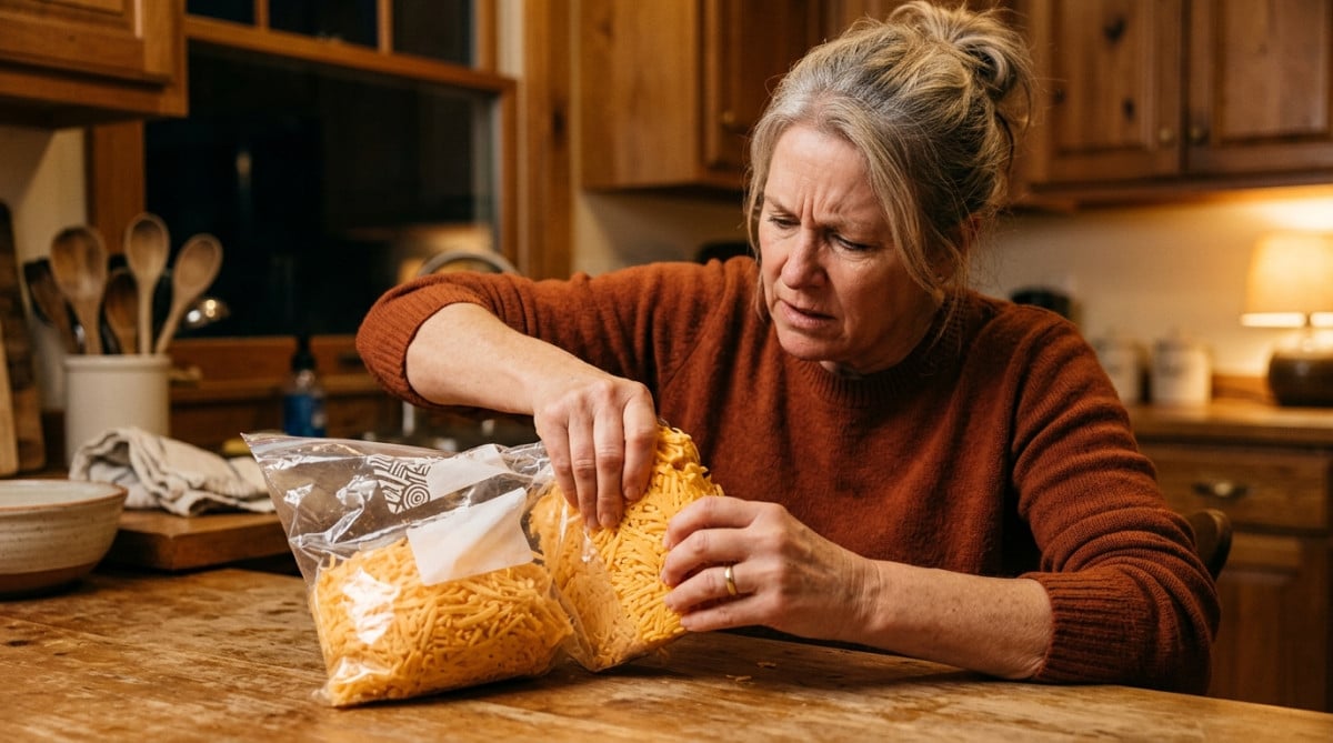 Femme frustrée devant un bloc de fromage râpé collé