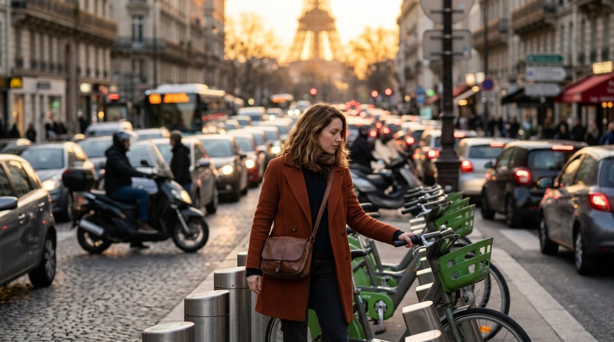 Femme hésitant devant une station Vélib dans les embouteillages parisiens