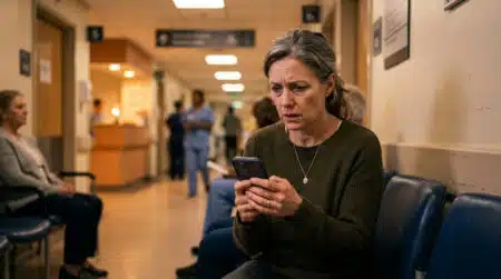 Femme inquiète attendant dans un couloir d'hôpital