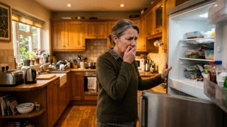 Femme inquiète devant un réfrigérateur en panne dans sa cuisine